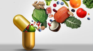 Large Gold Pill with Fruit and Vegetables